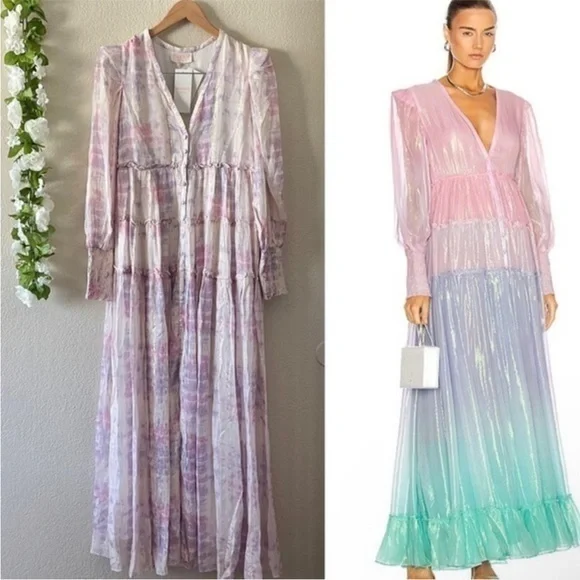 Rococo Sand Emi Metallic Shimmer Purple and Pink Long Sleeve Maxi Dress - Picture 1 of 15